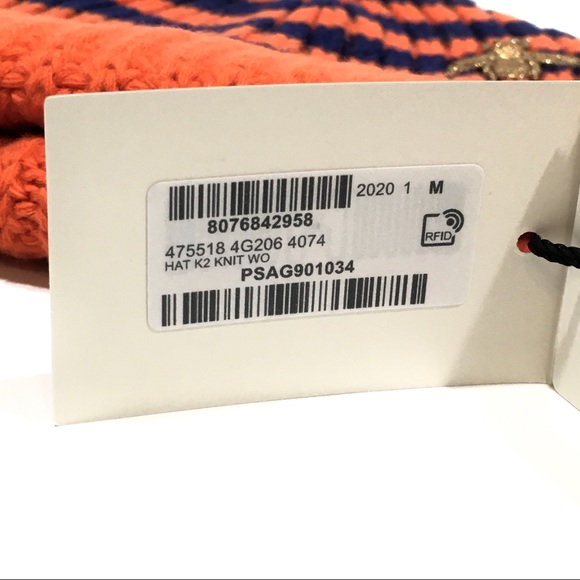 Gucci Bee Beanie -100% Wool -Orange / Blue Striped -NWT - Picture 7 of 7